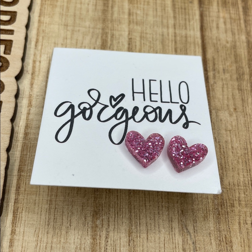 Pink Glitter Heart Stud Earrings - Hello Gorgeous Card
